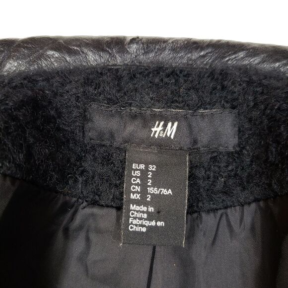 H&M sz 2 Womens Moto Jacket 2Wool Faux Leather Black Full Zip Up Zip Pockets - Picture 5 of 12